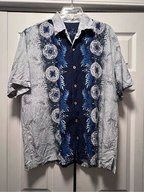 Men's Tommy Bahama 100% Silk Blue Hawaiian Floral Button-Up Shirt Sz Large